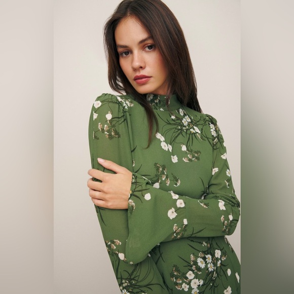 Reformation Persis Dress in Lomita Green Floral Mockneck Long Sleeve Size 10 - Picture 8 of 15